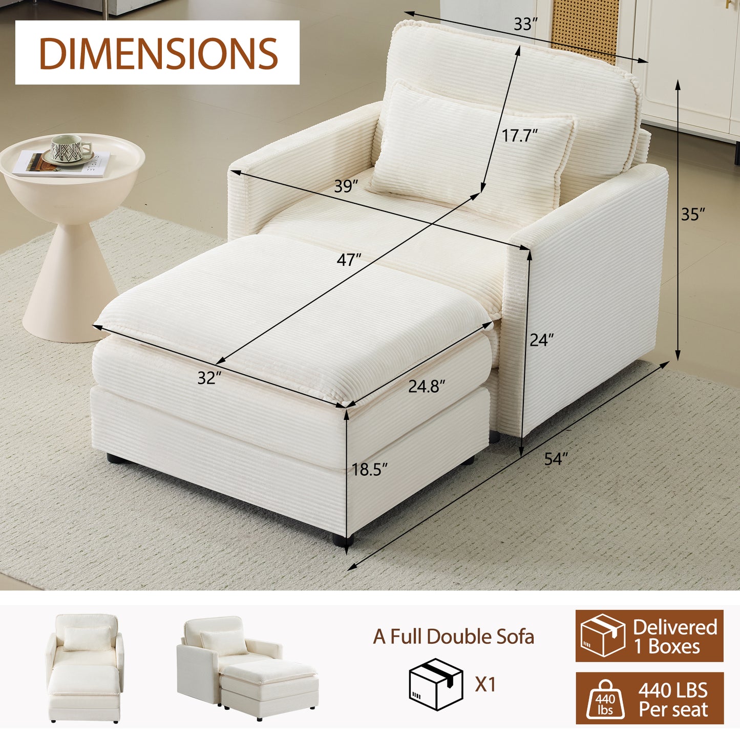 54" Plush Cloud Sofa with Ottoman & 22" Cushions - Beige