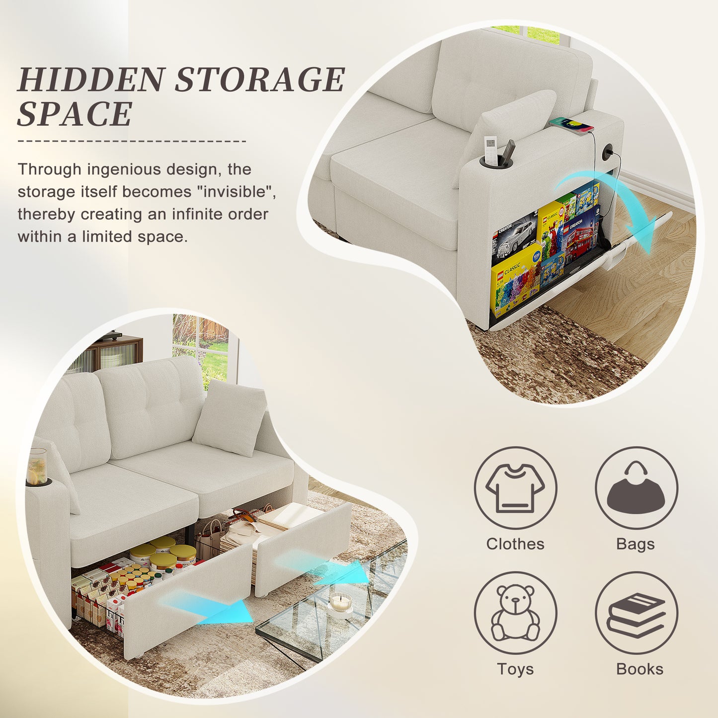 Modern 3-Seat Sofa with USB Charging & Storage - Beige