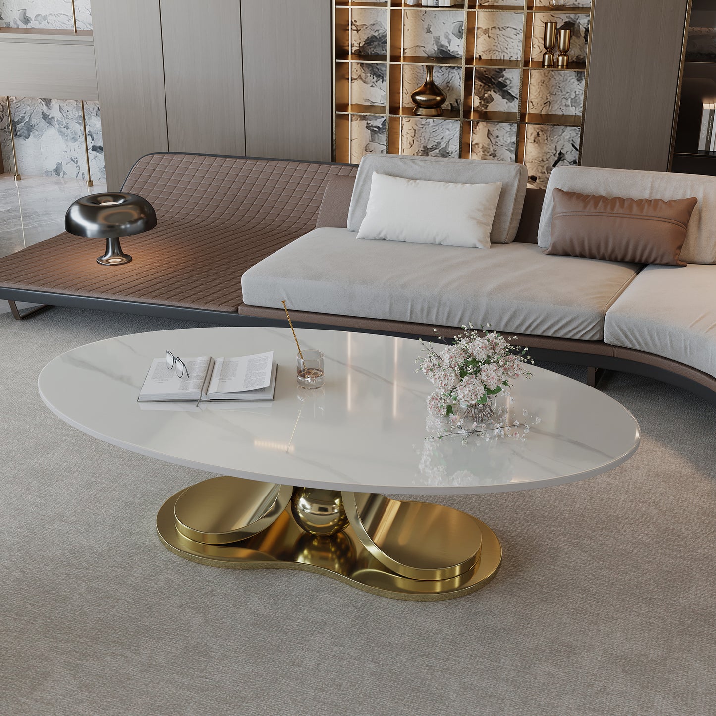 49.2" Modern Faux Marble Coffee Table - Gold & White