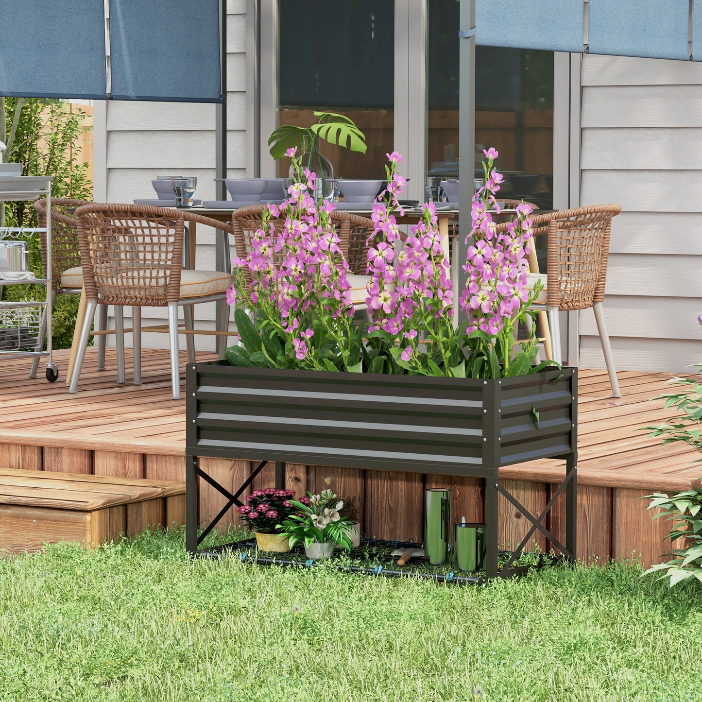 Galvanized Raised Garden Bed with Legs and Storage Shelf - Black, 1180x360x95mm