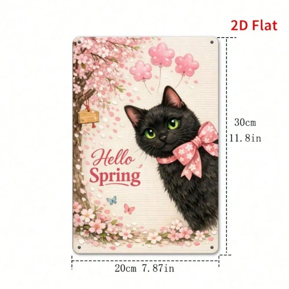 Cherry Blossom Black Cat Metal Wall Art Plaque - 20cm
