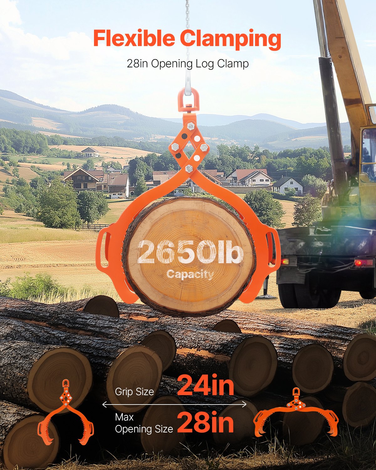 28in Log Lifting Tongs with 4 Claws, Solid Steel, Swivel Hook - Heavy Duty