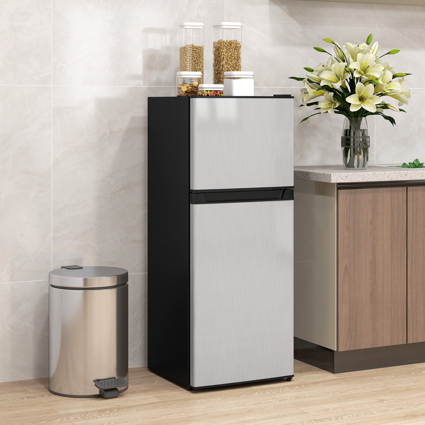 Small Refrigerator with Freezer 4 Cu Ft - Reversible Doors, Silver