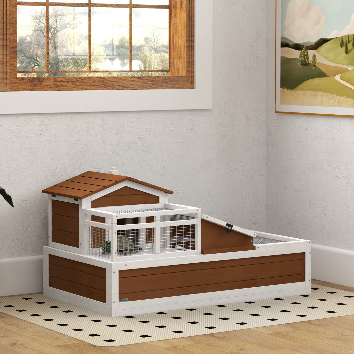 Large Tortoise Habitat House with Balcony and Openable Roofs - 44 x 25.5 inches, Coffee