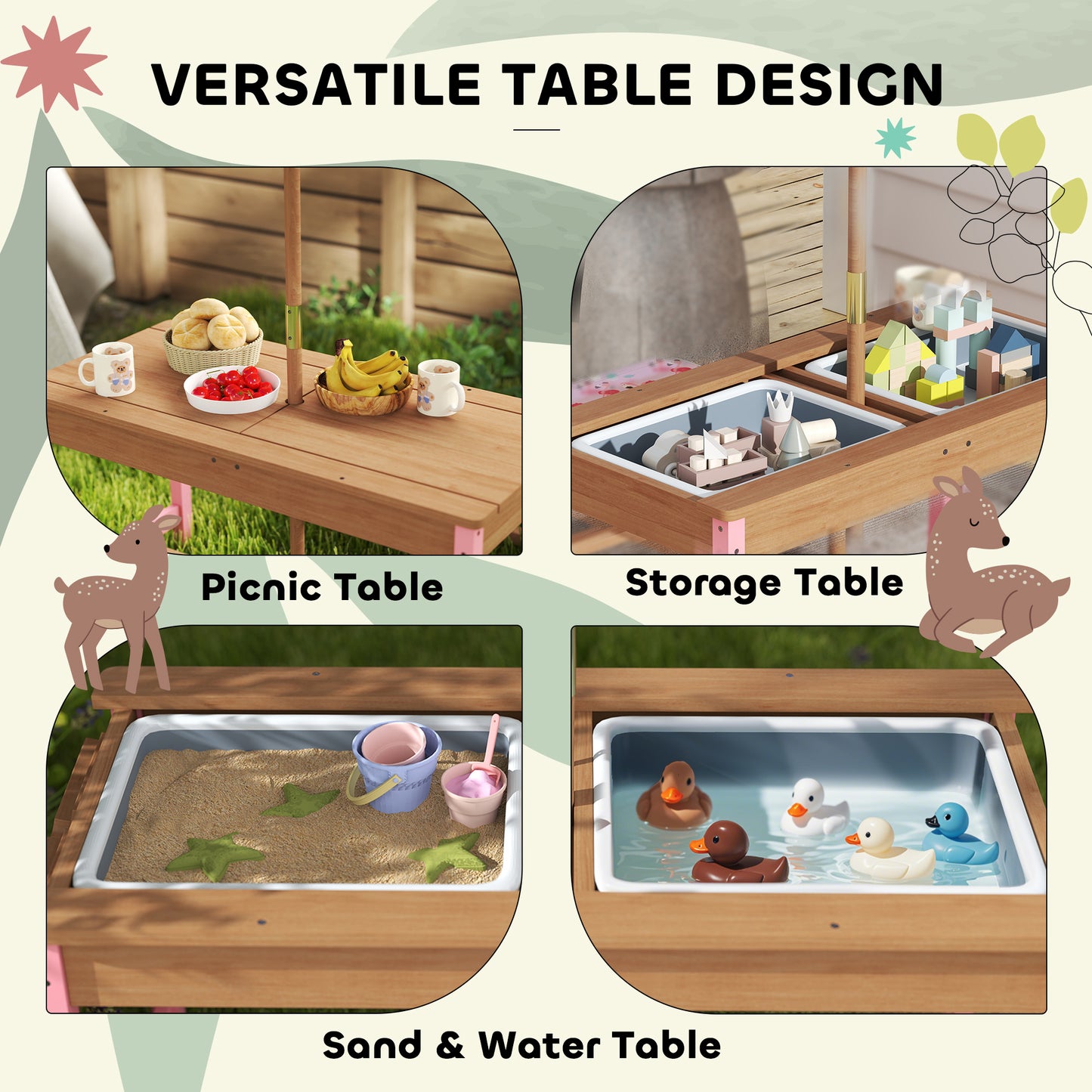 Kids Picnic Table Set with Umbrella & Removable Cushions - Pink Flamingo