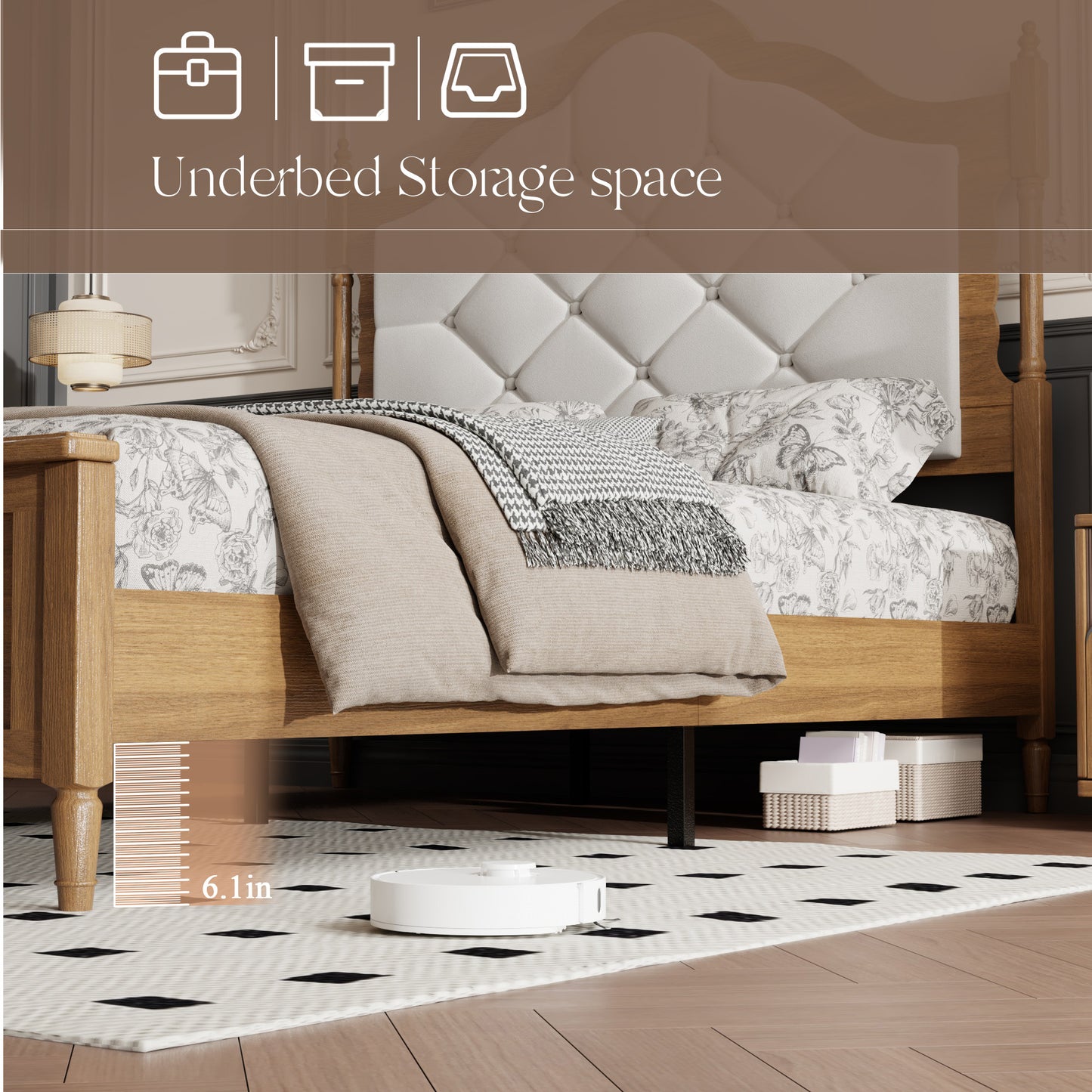 Full Size Wood Platform Bed Frame with Upholstered Headboard - Brown