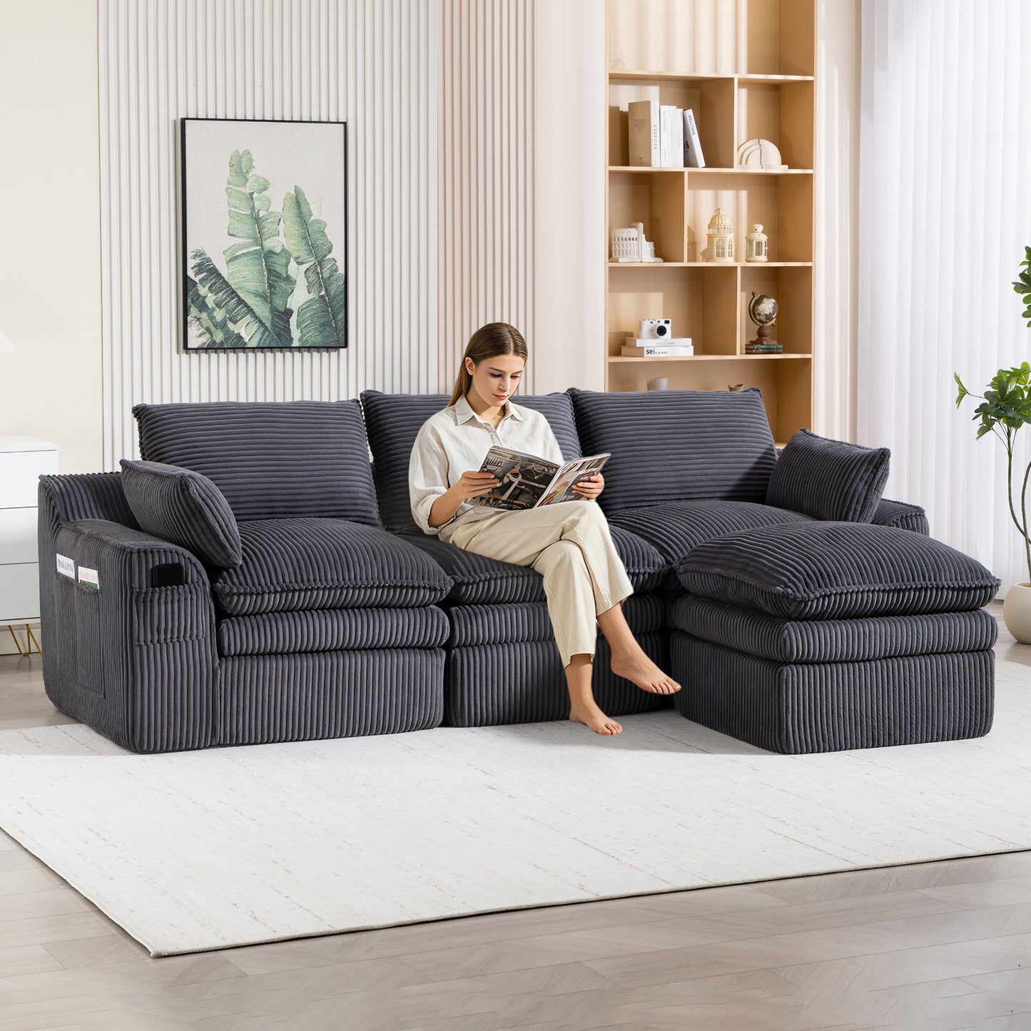 L Shaped Modular Sectional Sofa - Gray Corduroy with Footstool & Pillows