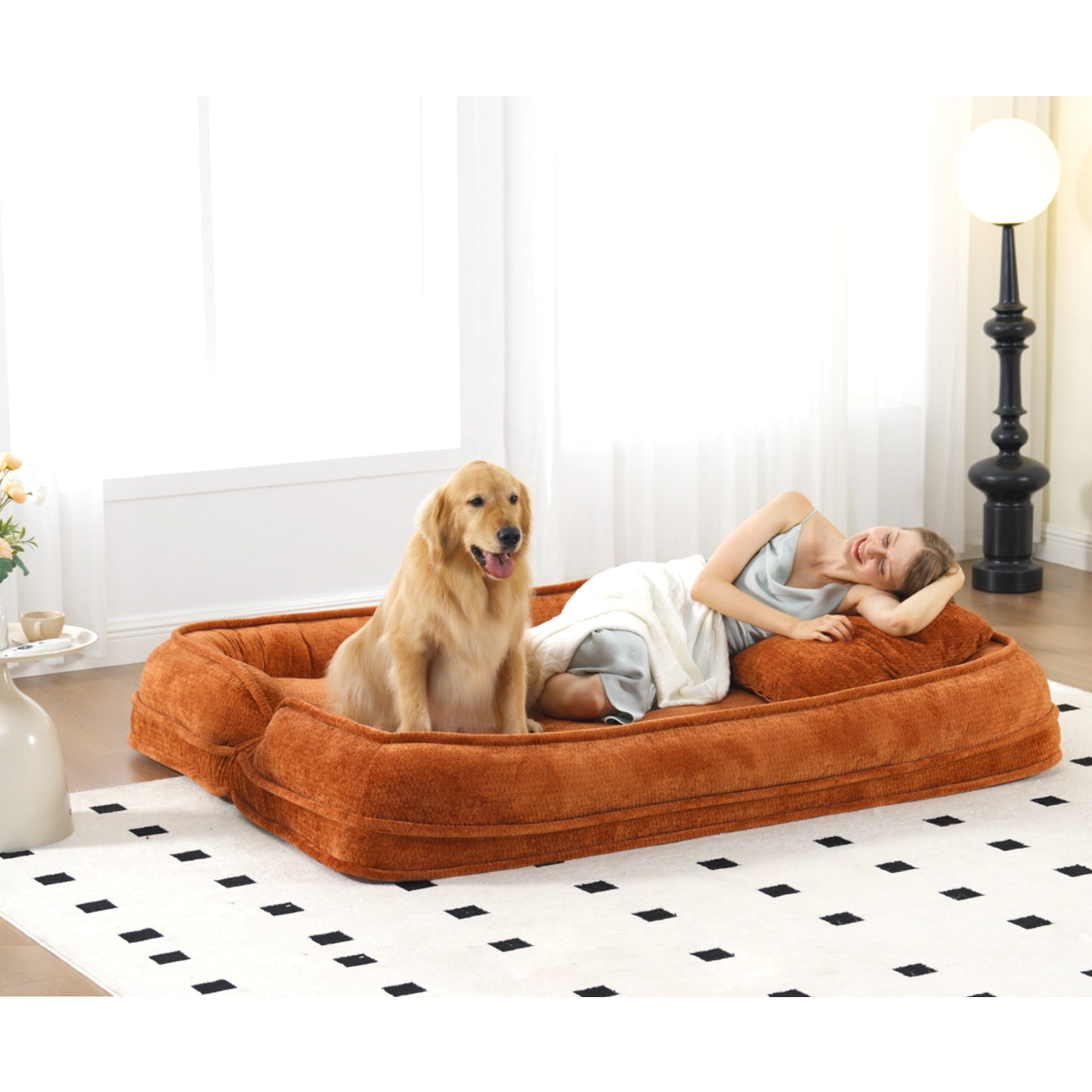 Extra Large Chenille Lazy Sofa Loveseat for Humans & Pets - Orange
