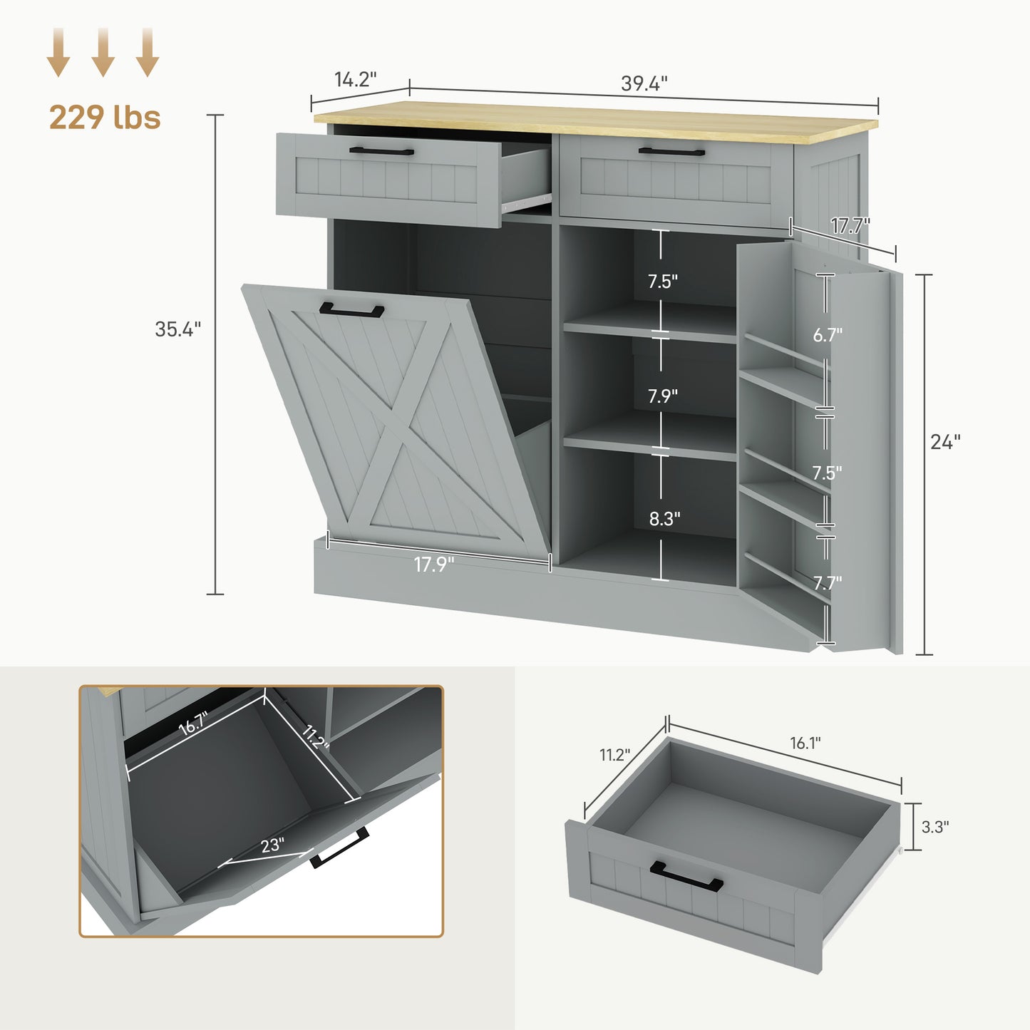 Farmhouse Tilt-Out Trash Can Cabinet with 2 Drawers - Gray