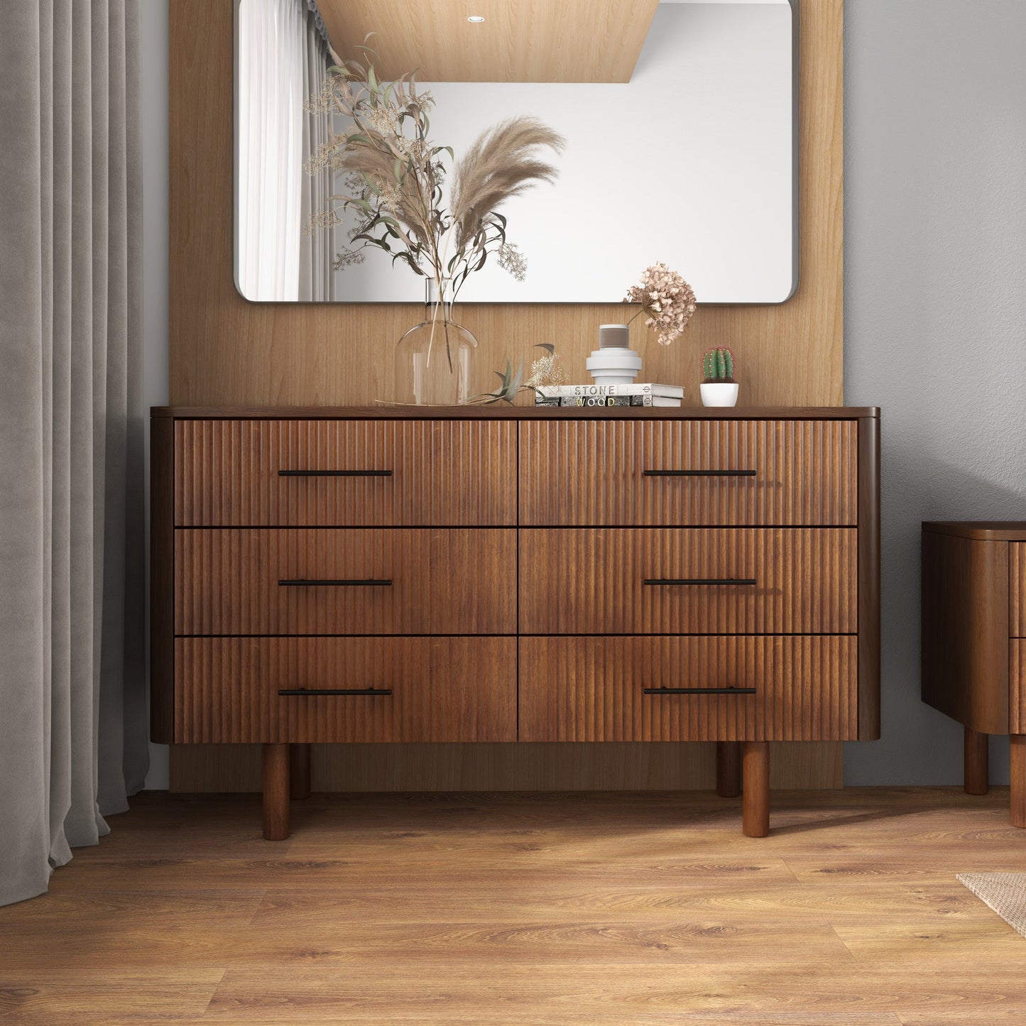 Logan Mid Century Modern Walnut Dresser With 6 Drawers For Ample