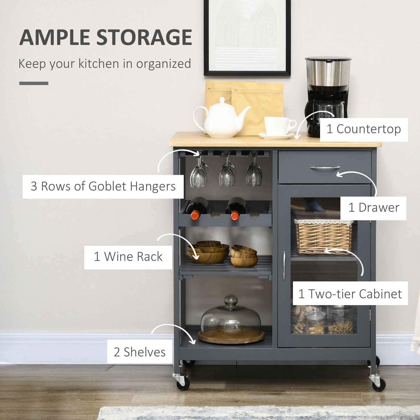 Rolling Kitchen Island Cart with Wine Rack and Storage - Gray