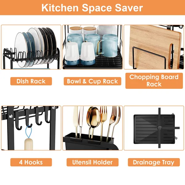 2-Tier Dish Drying Rack - Space Saving, Rustproof, Black