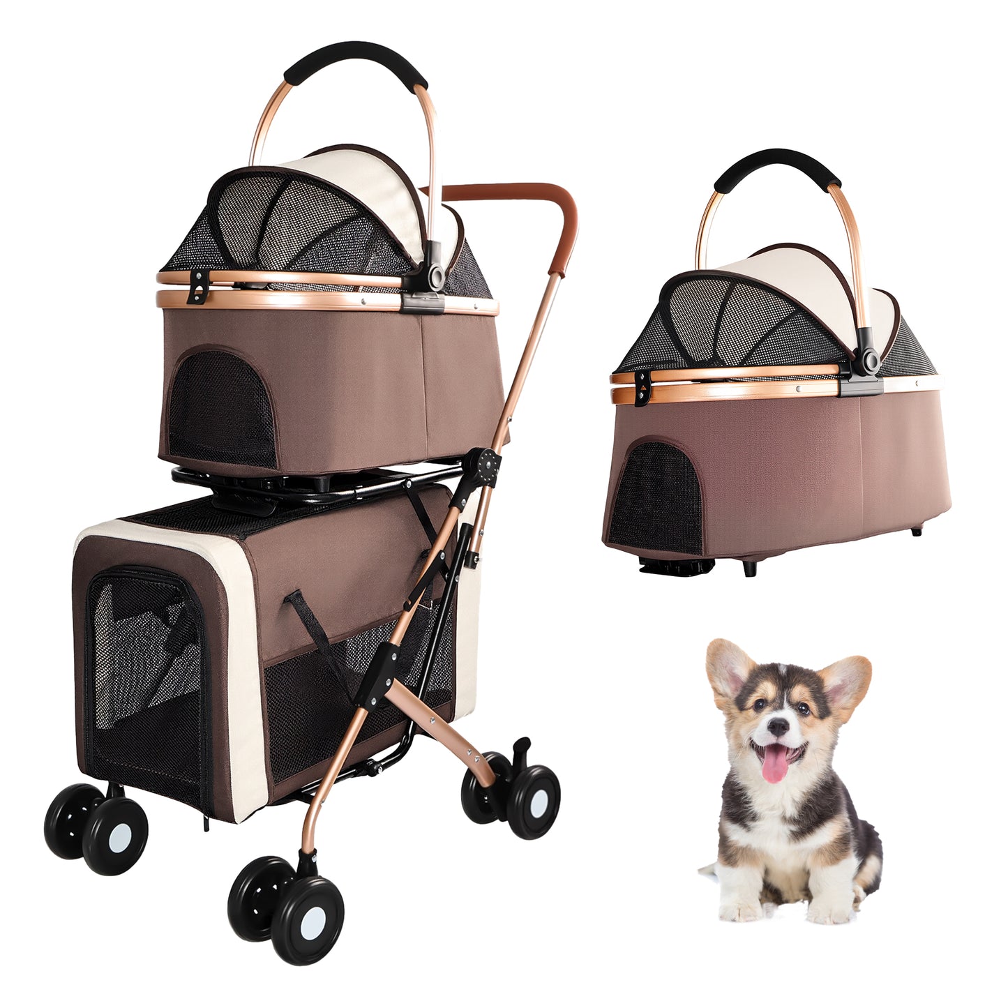 Double Pet Stroller for Dogs and Cats - Foldable, 3-in-1 Carrier with Shockproof Wheels