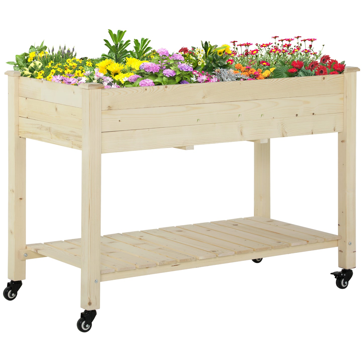 Raised Garden Bed with Lockable Wheels 47x22x33 Inches Wooden Planter Box