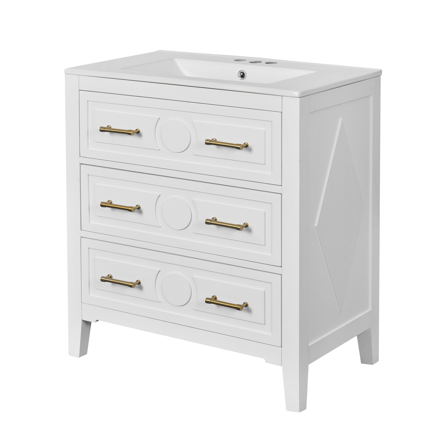 30'' White Bathroom Vanity with Ceramic Sink and 3 Drawers