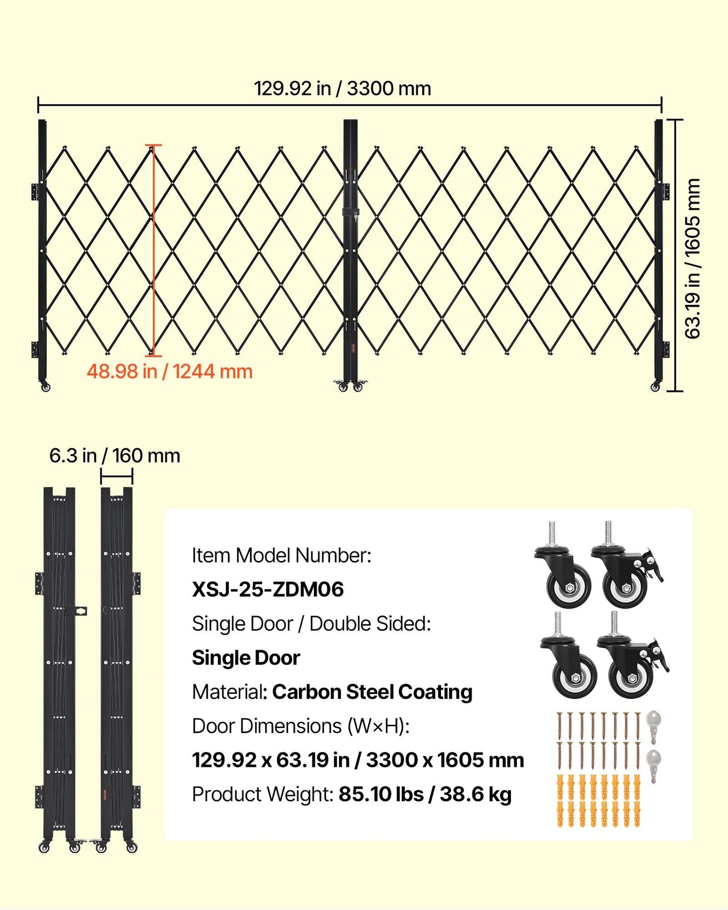Outdoor Security Folding Gate with Lockable Casters, Steel Barricade, 130x63 in