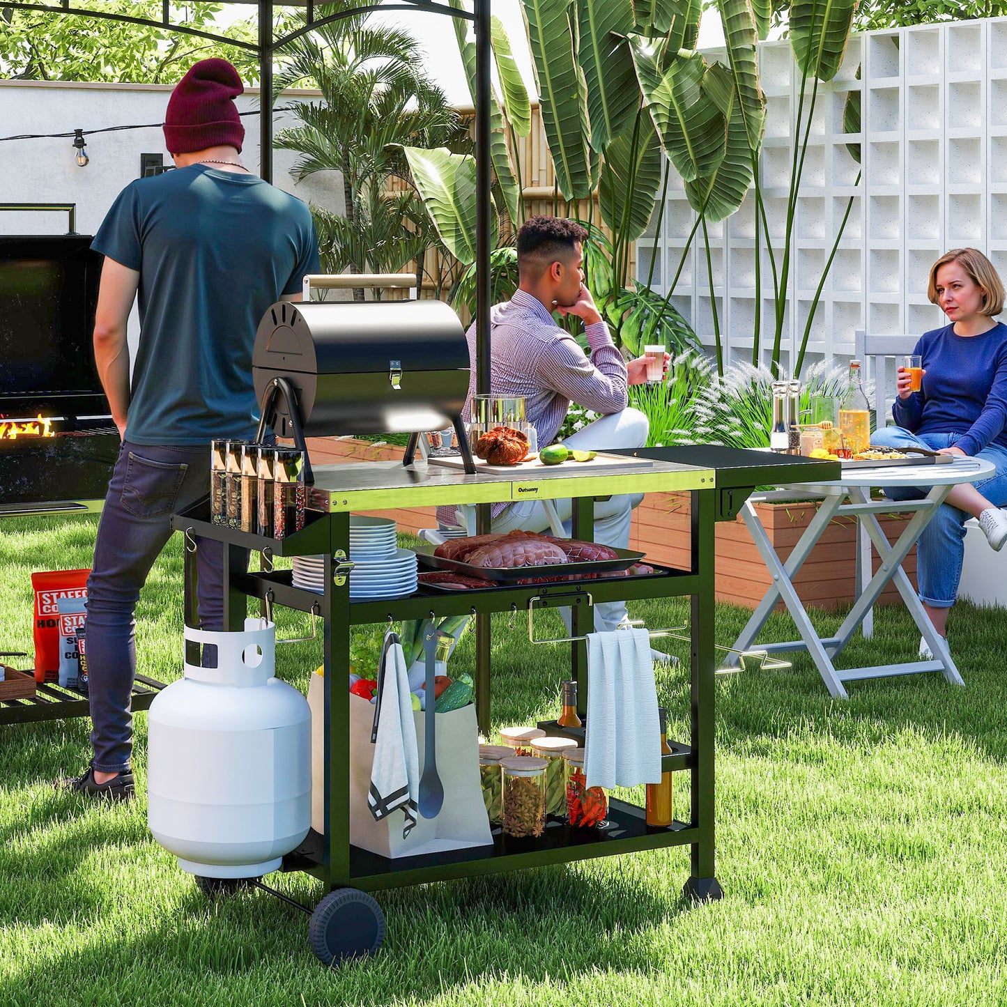 3-Shelf Outdoor Grill Cart with Foldable Side Table - Black