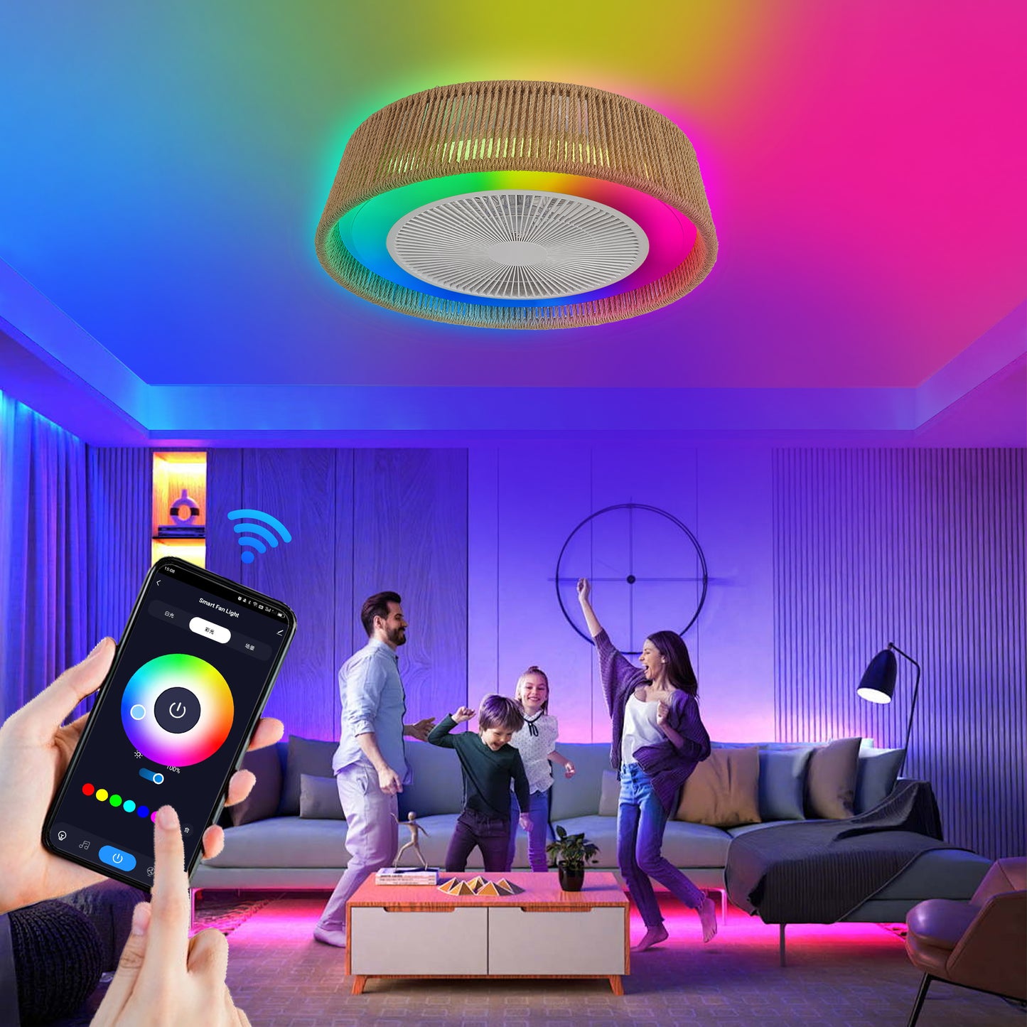 Modern Rustic Ceiling Fan Light with LED RGB Mood Lighting