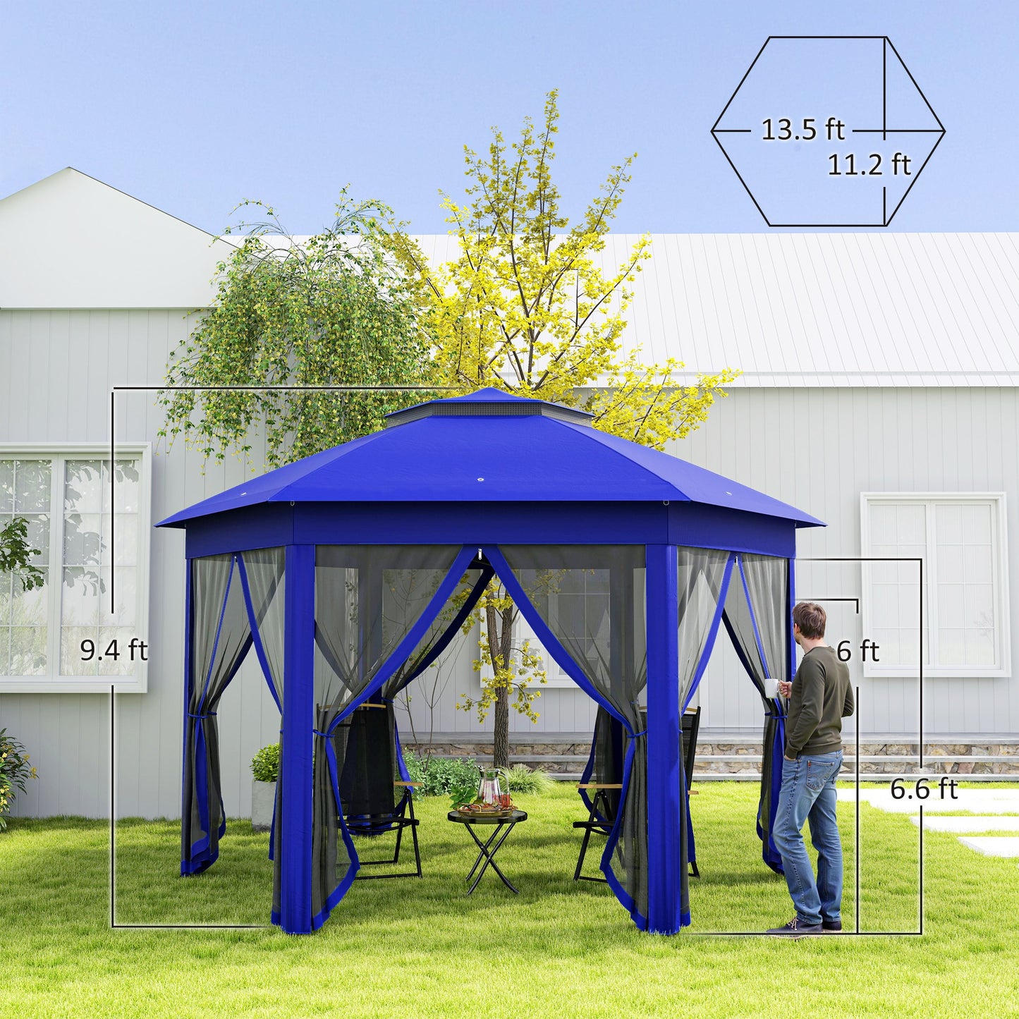 13' Hexagonal Pop Up Gazebo Canopy with Mesh Sidewalls - Blue