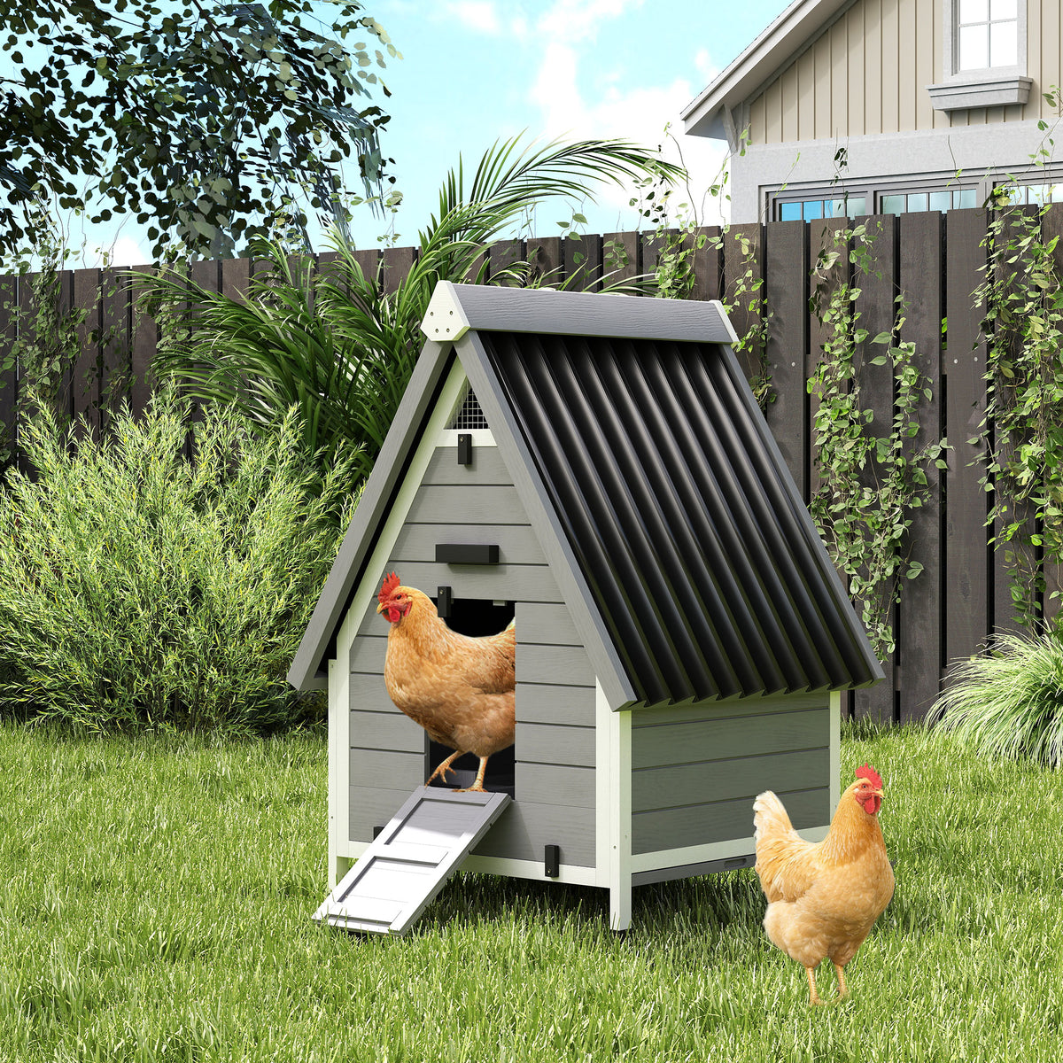 Outdoor Wooden Chicken Coop for 2 Chickens with Removable Nesting Box & Ramp - Gray