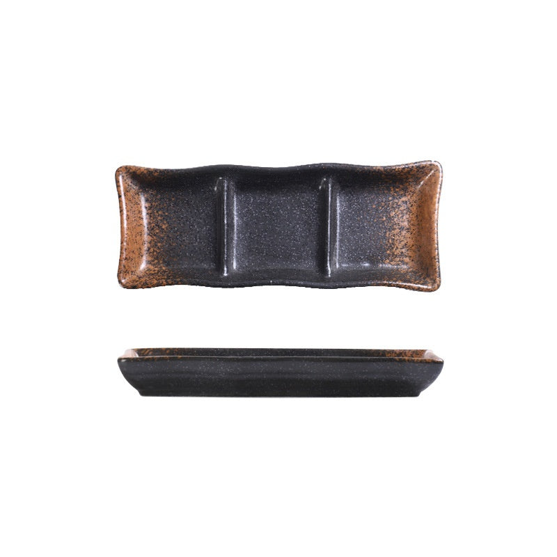 Rectangular Ceramic Sauce Dish with Three Grid Sections - Japanese Style Kitchenware