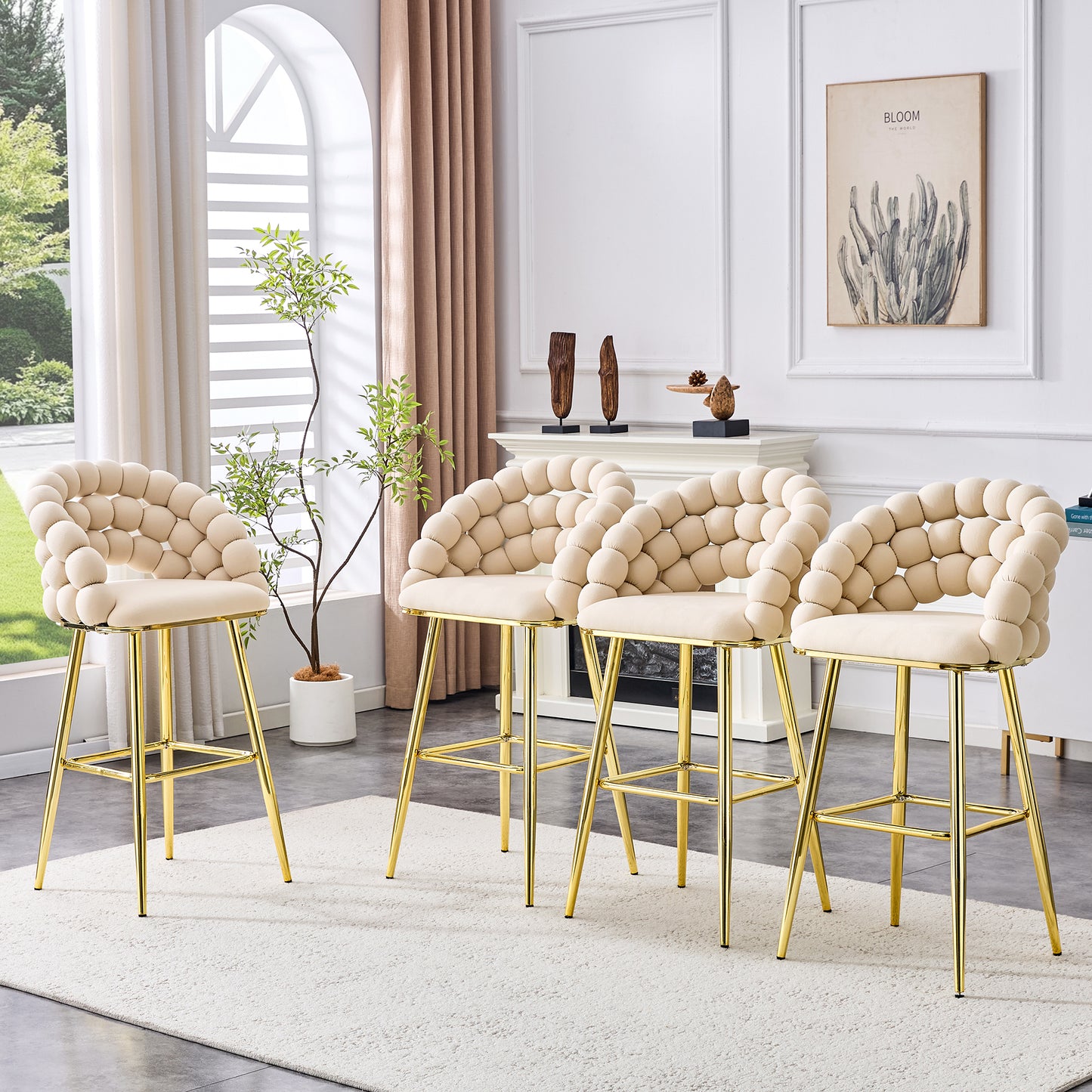 Set of 2 Modern Velvet Bar Stools with Gold Legs - Beige