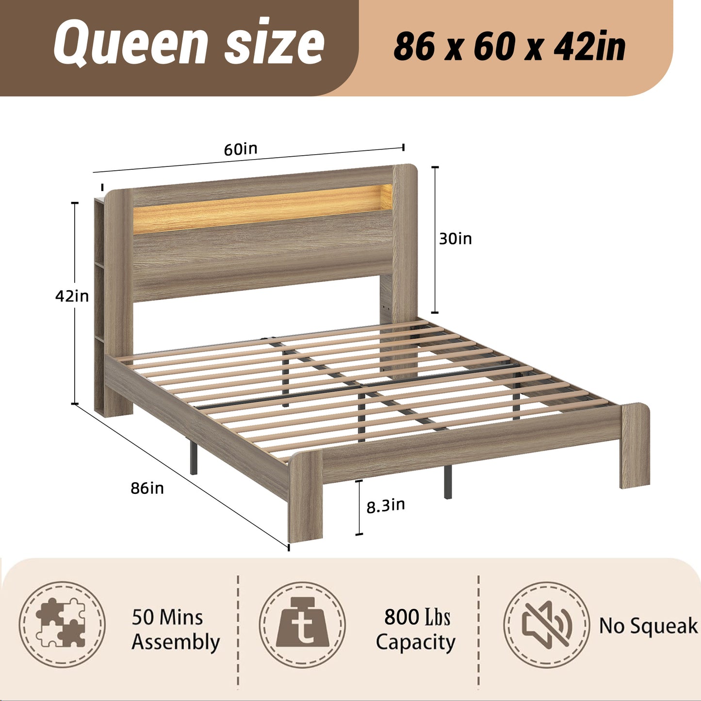 Queen Wood Bed Frame with LED Headboard, USB Ports & Storage