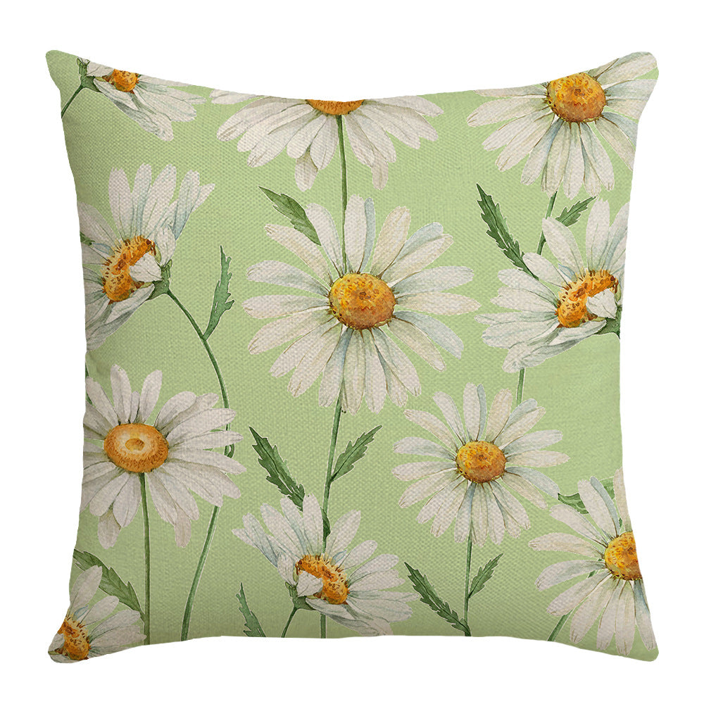 Summer Chrysanthemum Pillow Cover Green Plant Flower Linen 45x45cm Nordic Style