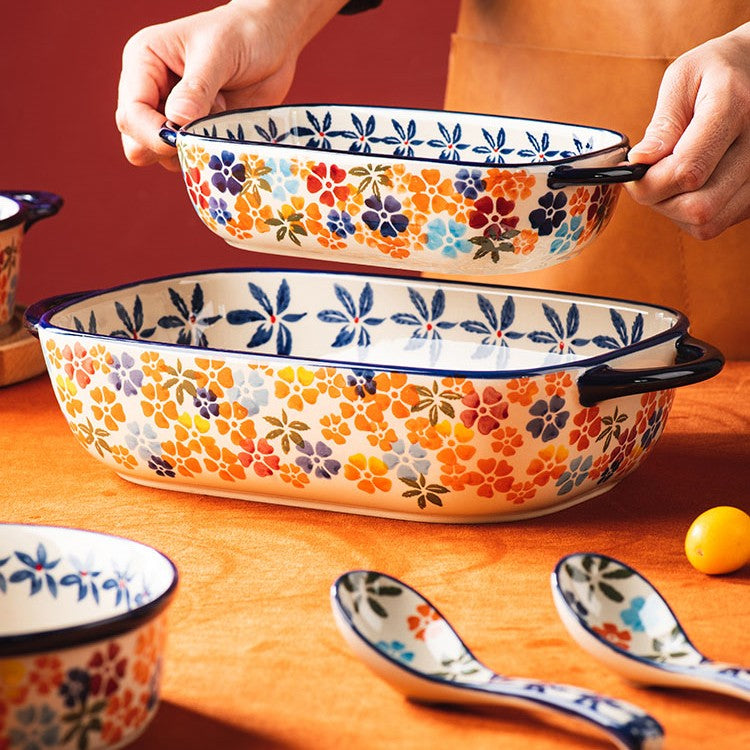 Ceramic Oven and Microwave Bowl with Handle - Porcelain Kitchen Servingware