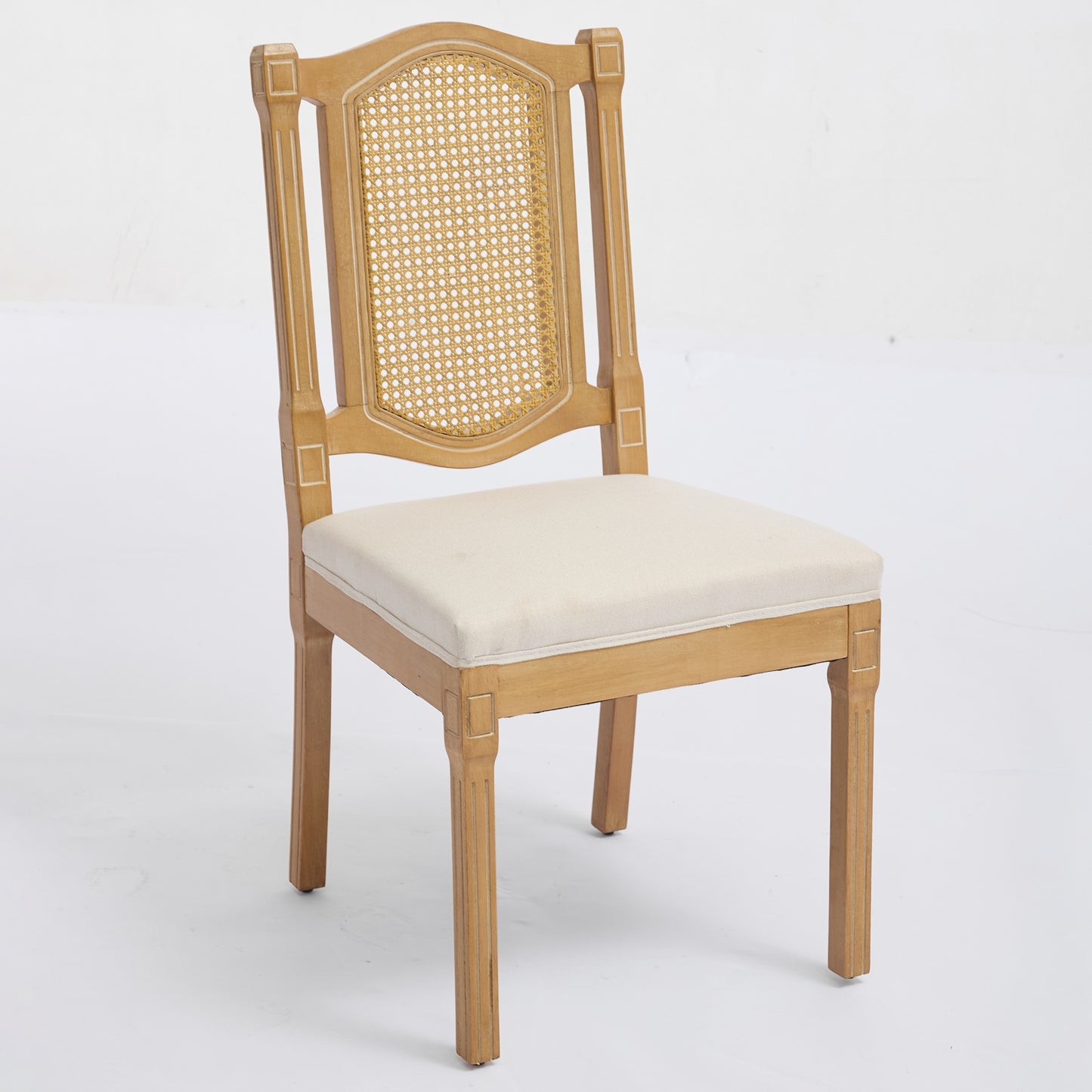 Solid Wood Rattan-Back Dining Chair with Linen Cushion - Beige