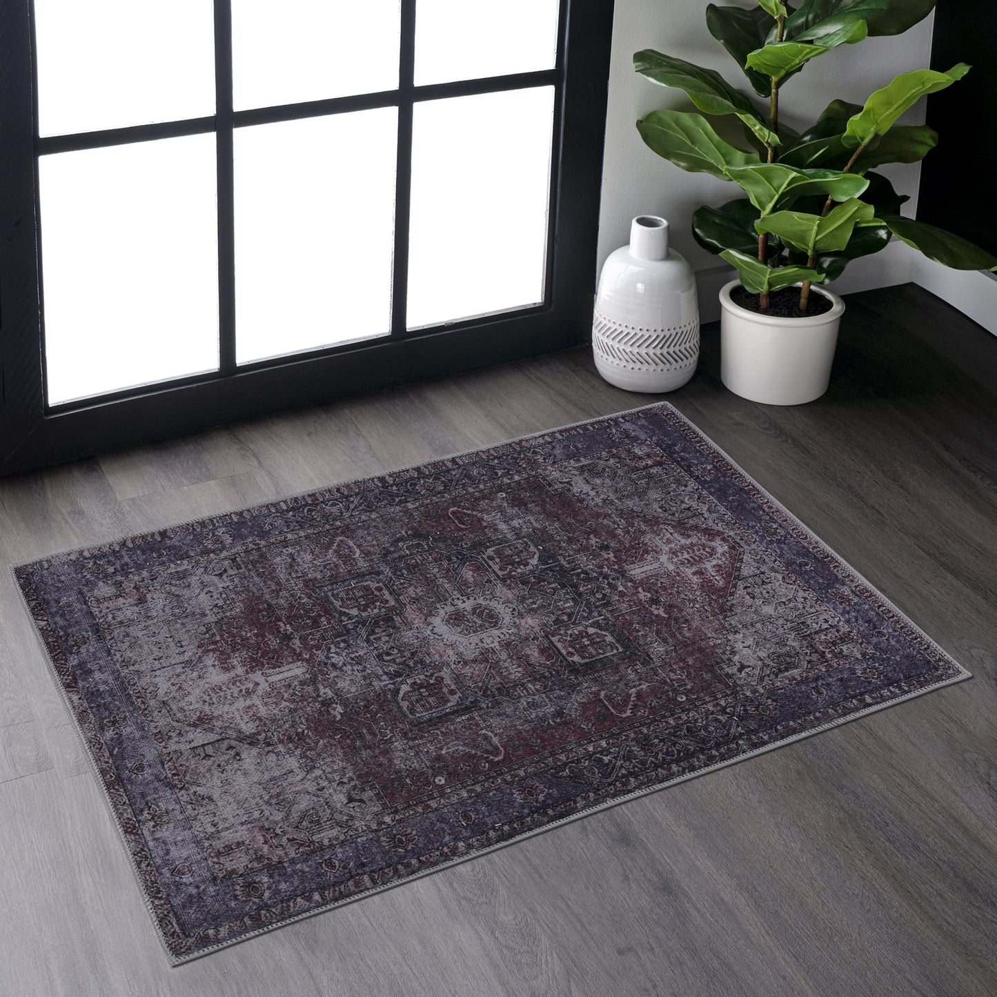MAVAL Burgundy Washable Rug 2' X 3' Doormat Burgundy,