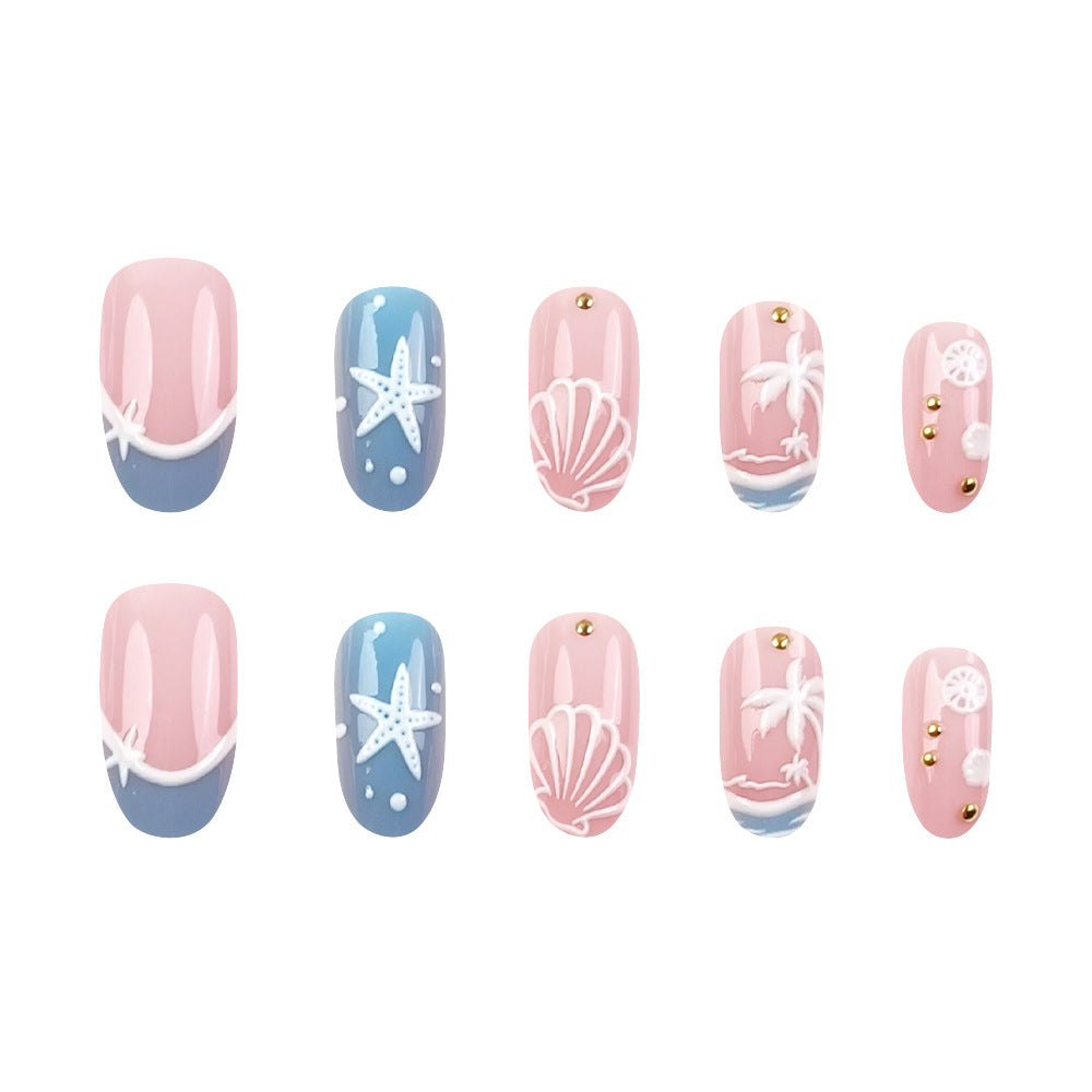 24 Oval Artificial Nails with Rhinestones - French Design