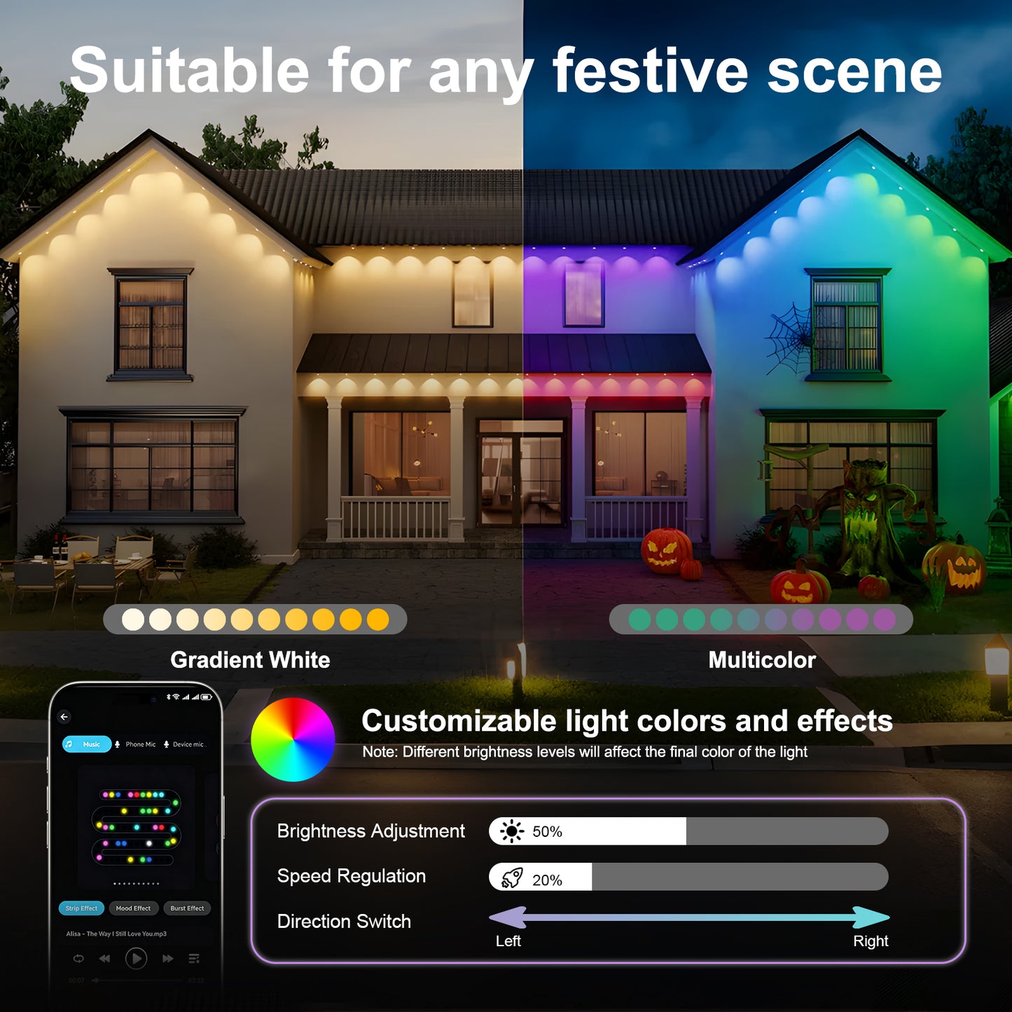 150ft RGB Outdoor String Lights with App & Remote Waterproof Eaves House Roof