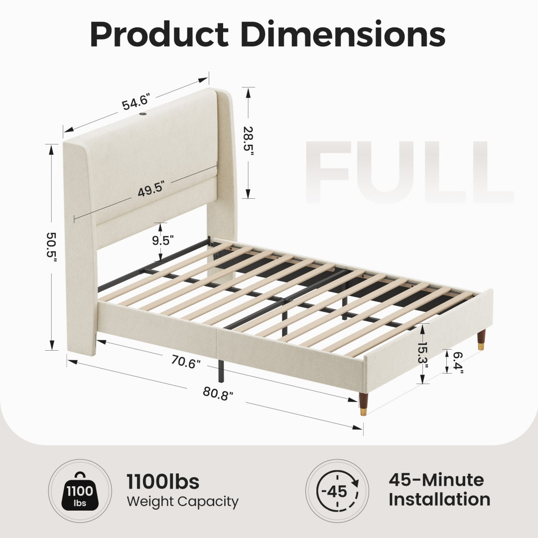 Full Size Upholstered Bed Frame with USB Charging Ports - Grey