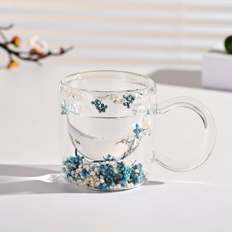 Double-Layer Borosilicate Glass Flower Pattern Cup - 200ml, High Temperature Resistant