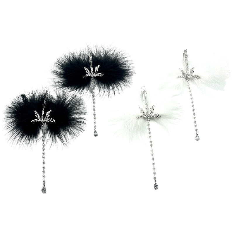 Feather Hairpin with Pearl Tassel - Duck Beak Clip