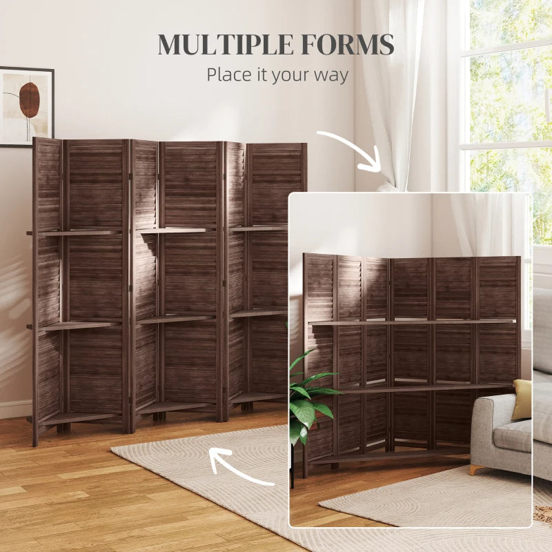 Wood Privacy Screen Room Divider with 3 Shelves - Walnut