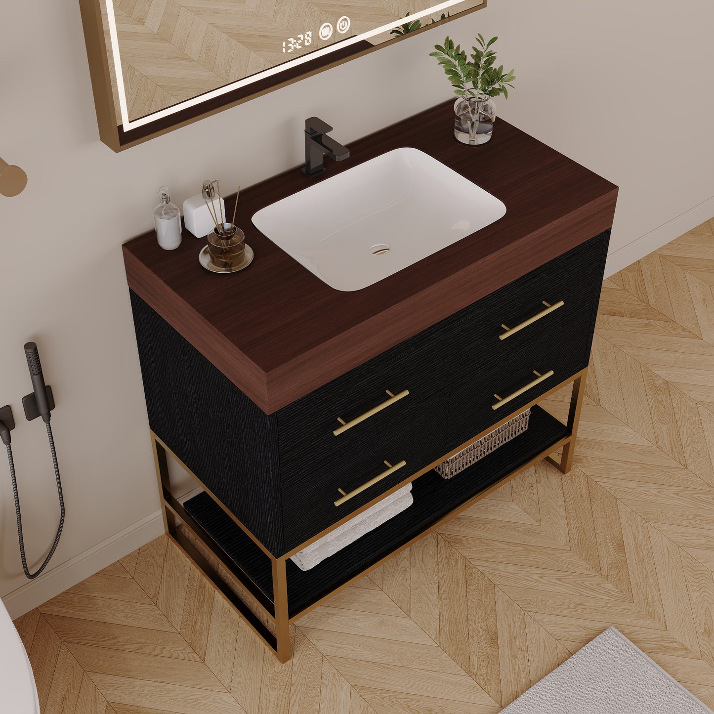 36" Modern Artificial Stone Bathroom Vanity with Ceramic Sink - Black Walnut