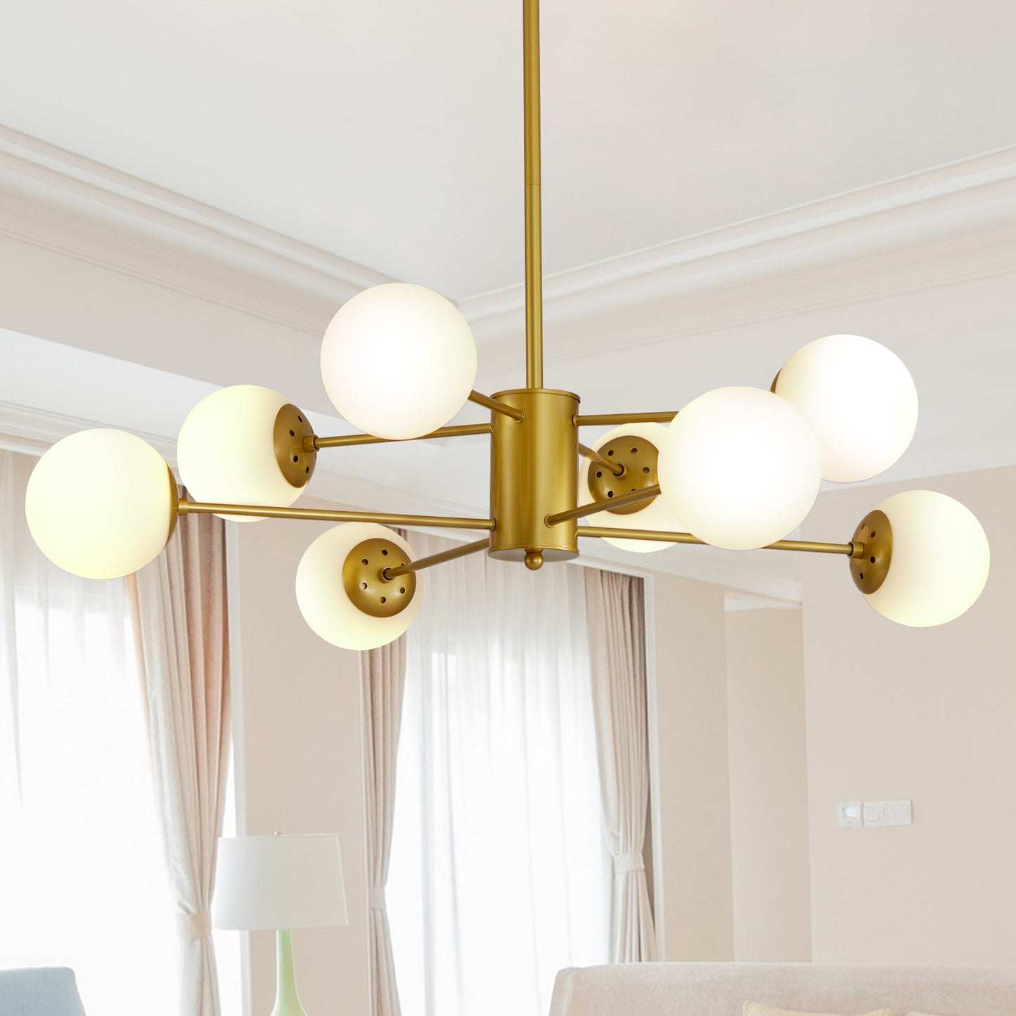 8-Light Gold Chandelier with White Glass Globe Shades - Modern Design