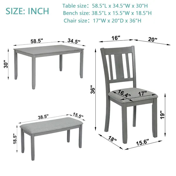 6-Piece Wooden Dining Set with Rectangular Table, 4 Chairs & Bench - Gray