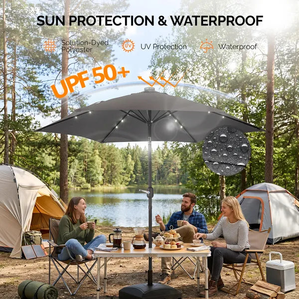 9ft Solar LED Patio Umbrella with Push Button Tilt & Crank - Gray