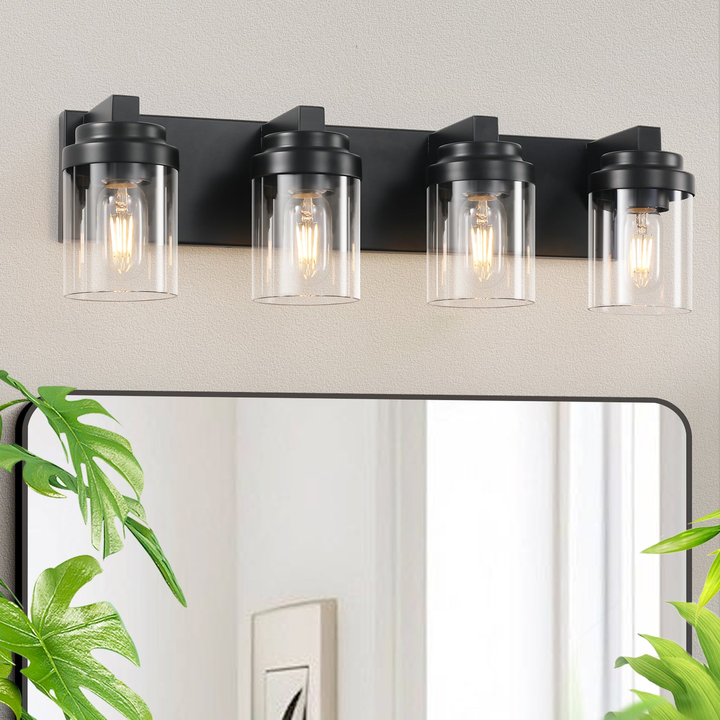 4-Light Matte Black Bathroom Vanity Light with Clear Glass Shades
