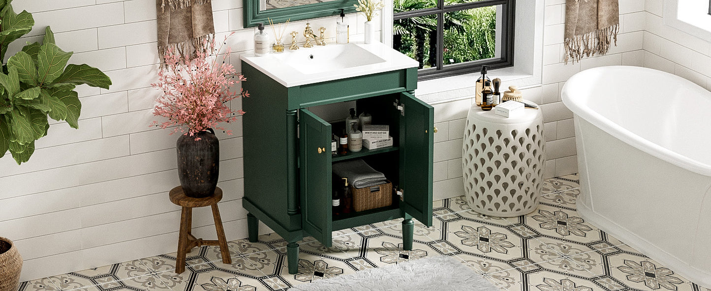 24-Inch Green Bathroom Vanity with Ceramic Sink & Storage