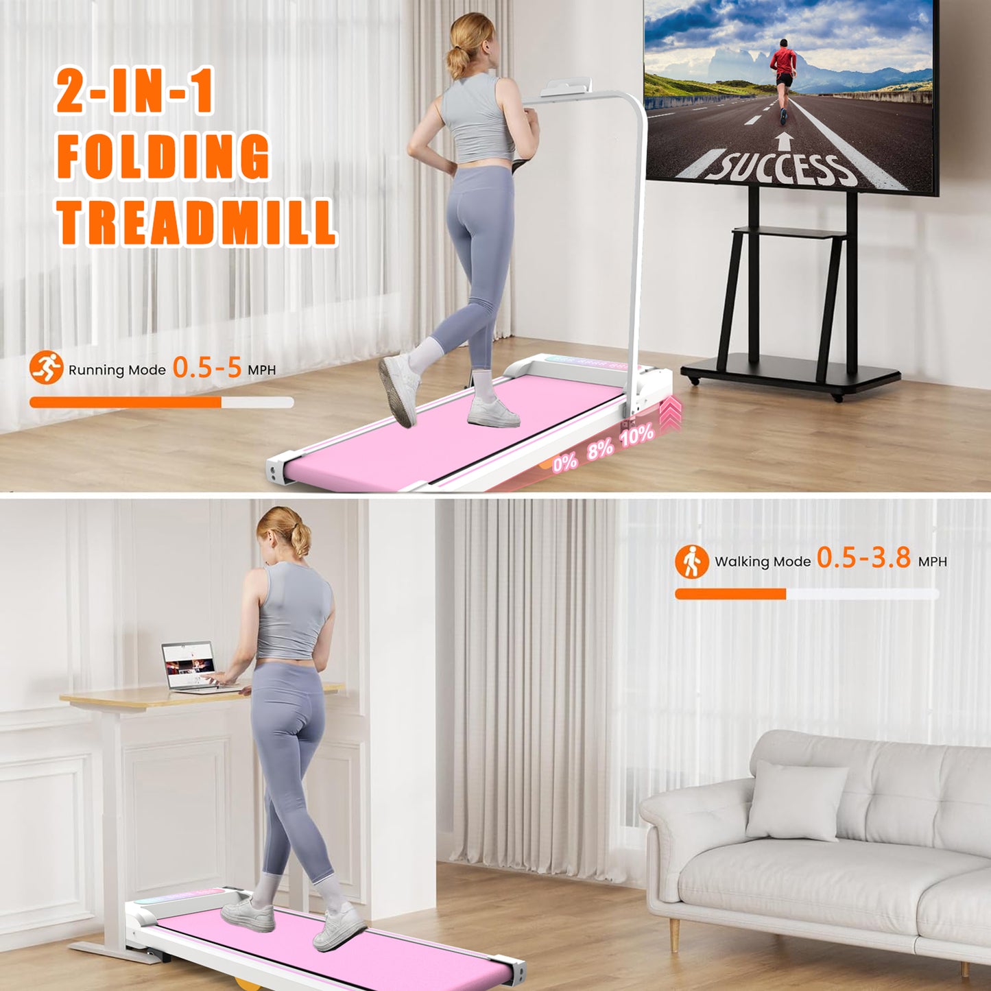 Under Desk Treadmill with Incline - 2 in 1 Portable Walking Pad - Pink