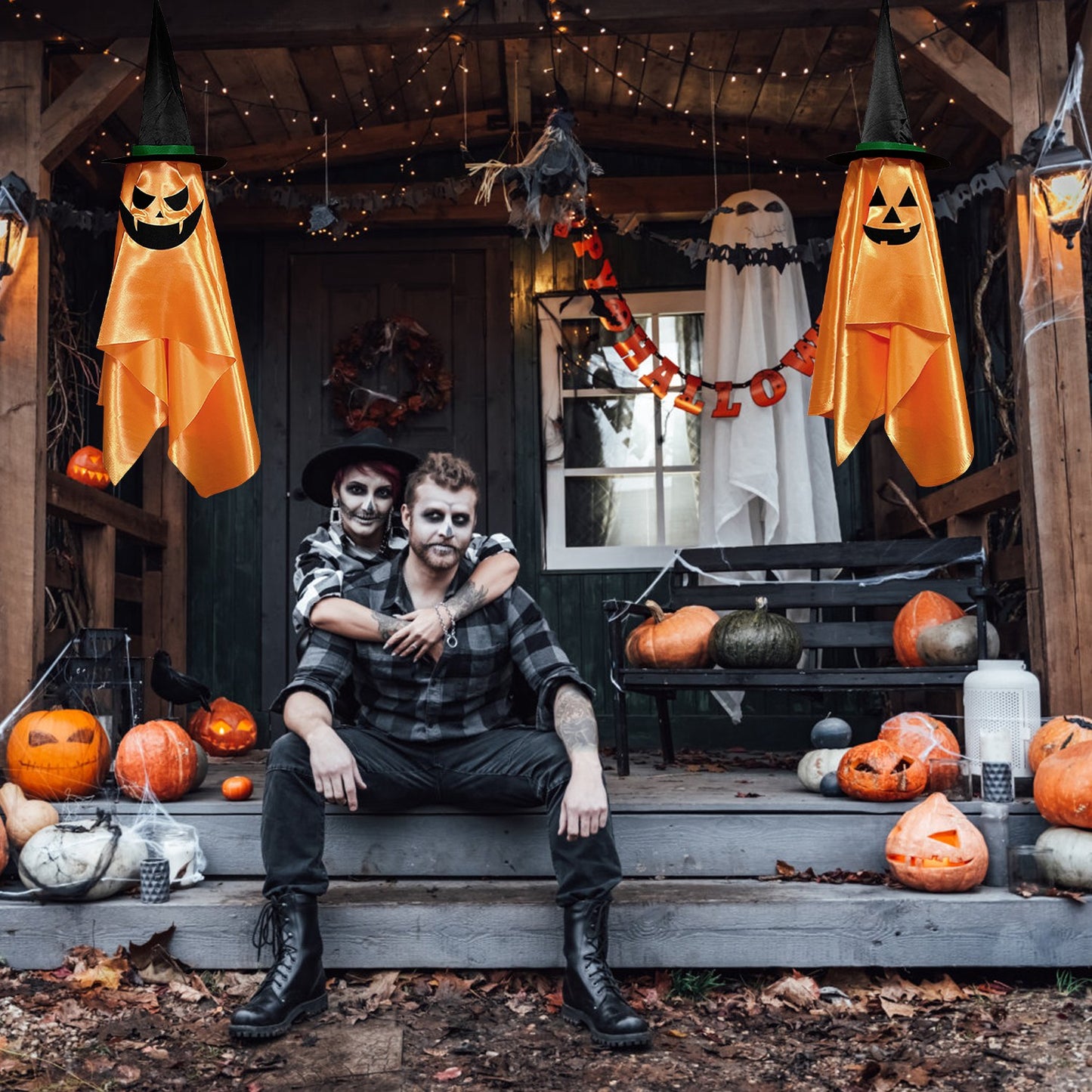 Hanging Ghost Decorations with Pumpkin Wizard Hats - 2Pcs