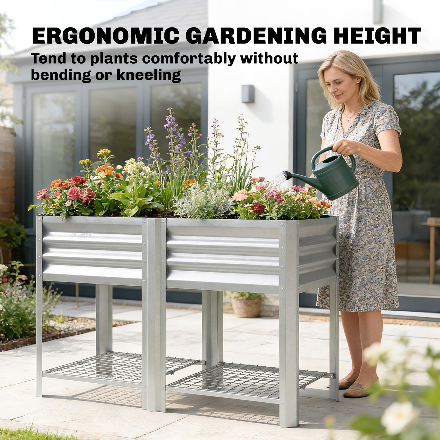 Galvanized Steel Raised Garden Bed with Storage Shelf - 31.5 Inch Height, Silver