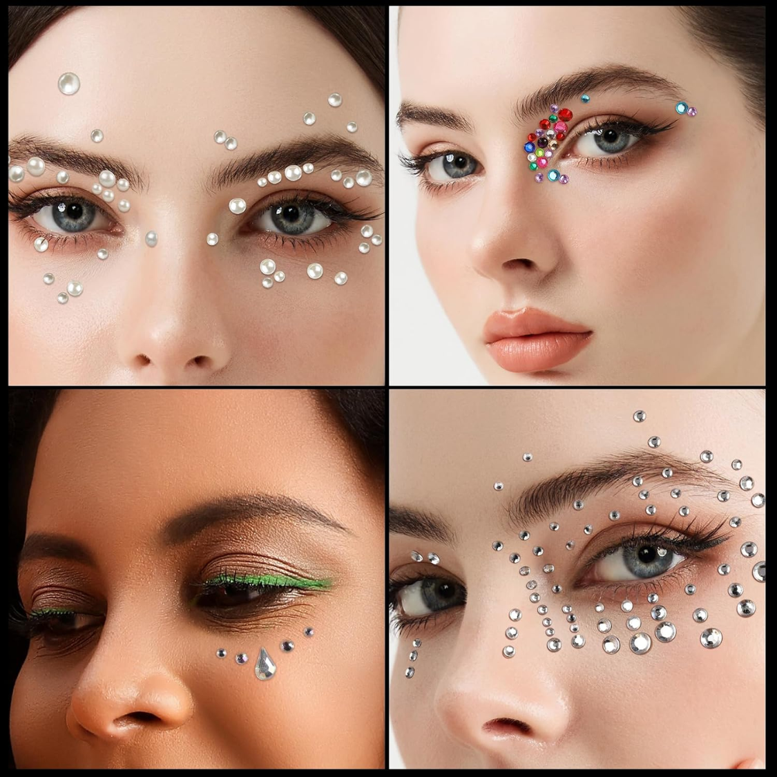 Self-Adhesive Face Gems and Hair Pearls - 4 Sheet Festival Makeup Set