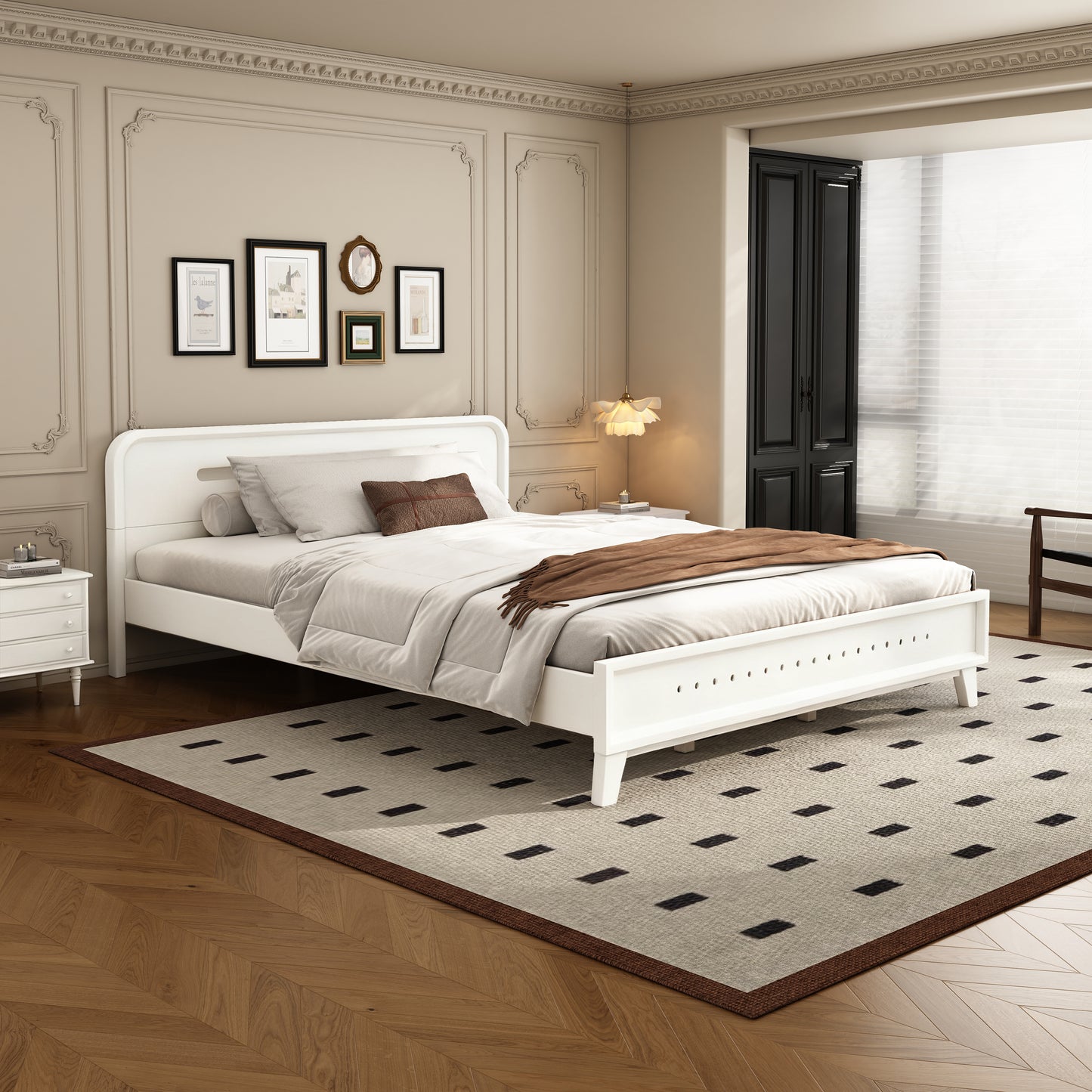 Queen Size Pine Solid Wood Bed - Stable, No Box Spring Needed, White