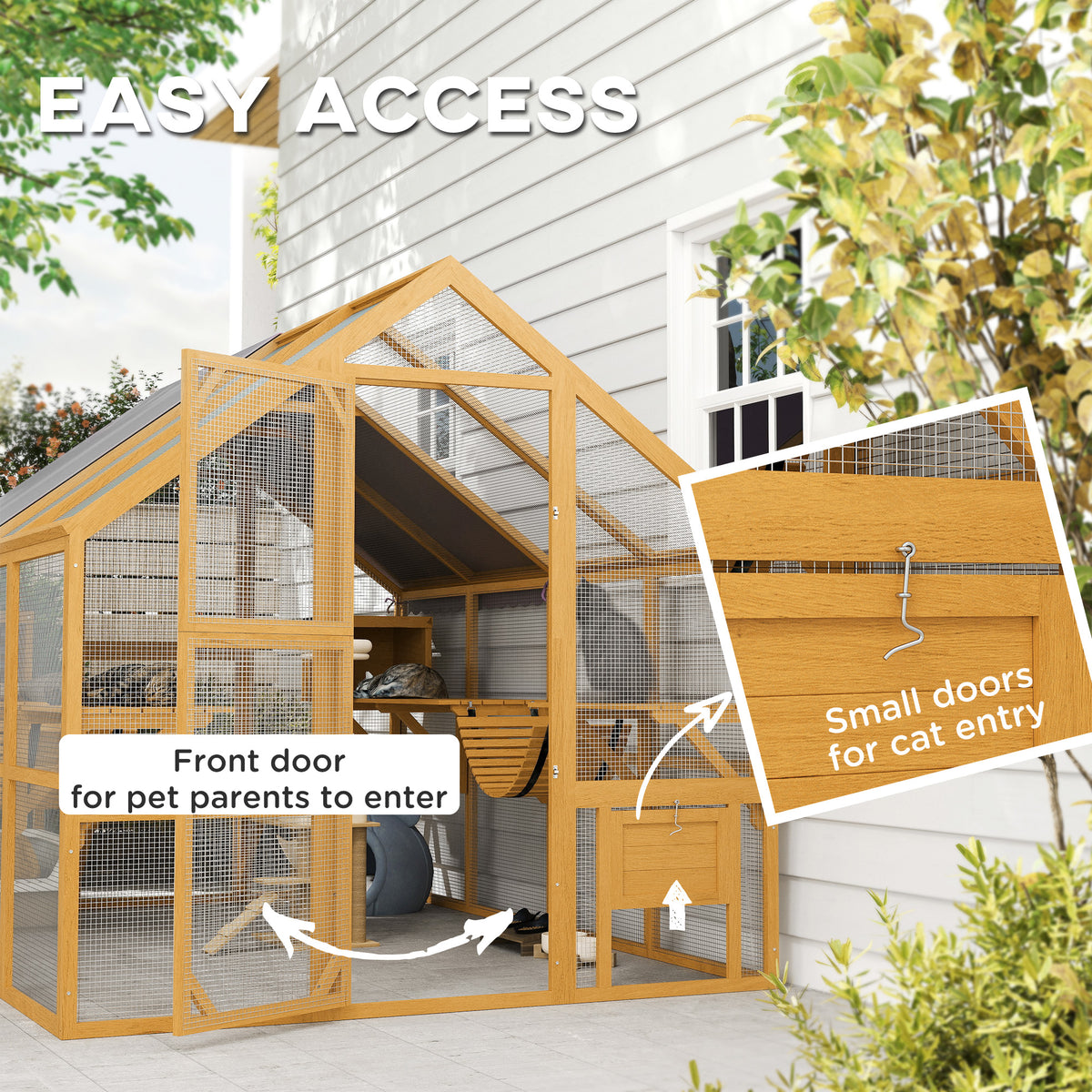 Large Wooden Outdoor Cat Enclosure with Waterproof Cover & 2 Condos