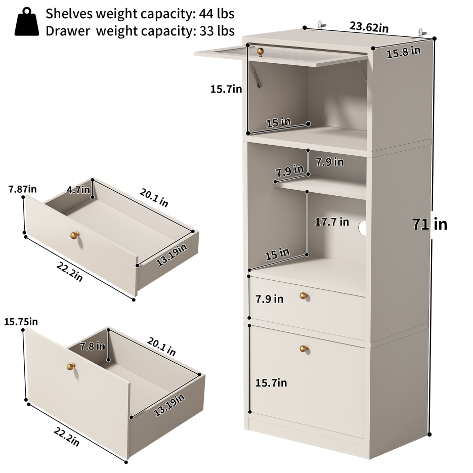 Tall Pantry Cabinet - 71 Inch Freestanding Storage with Adjustable Shelves and Drawer, Warm White